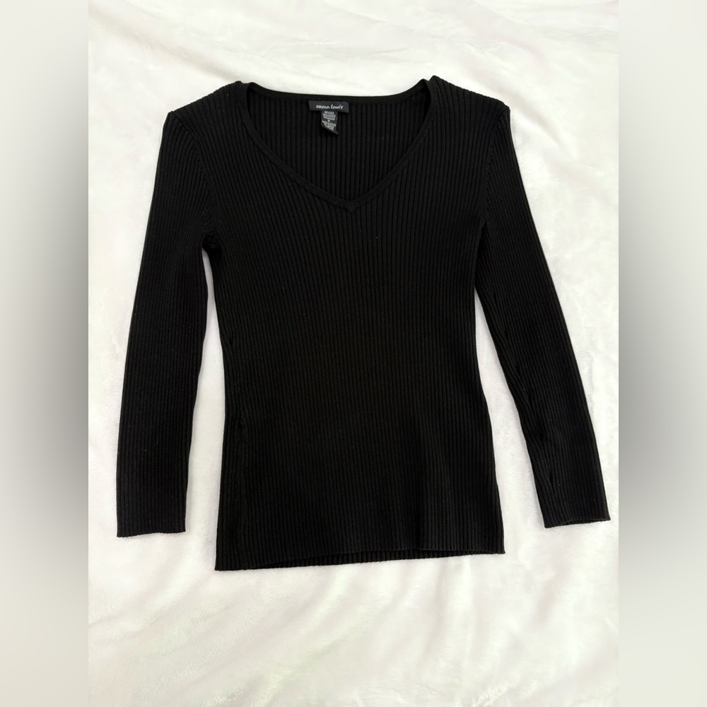 Susan Lewis Jet Black Ribbed Women’s Silk Blend Knit Top, Small EUC